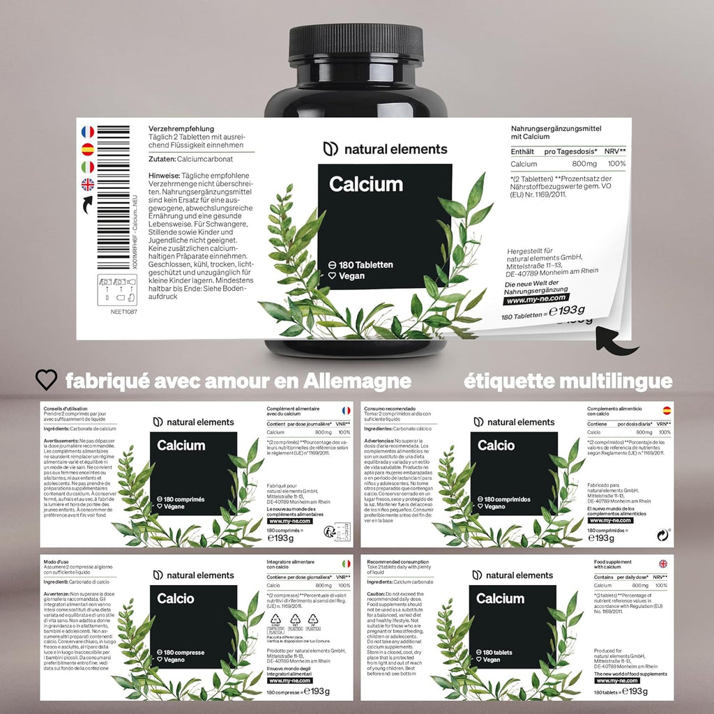 Calcium Comprimés Vegan Fortement Dosés – 180 Comprimés – 800Mg De Carbonate De Calcium Par Dose Quotidienne – Sans Additifs Indésirables – Produit En Allemagne & Testé En Laboratoire